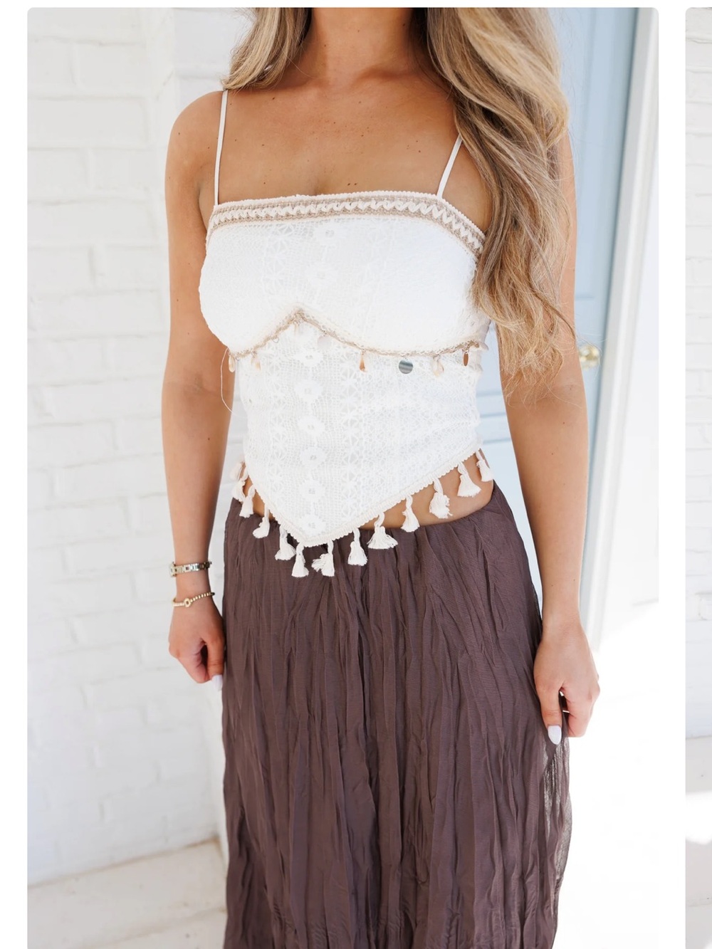 White Crochet Tassel Tube Top